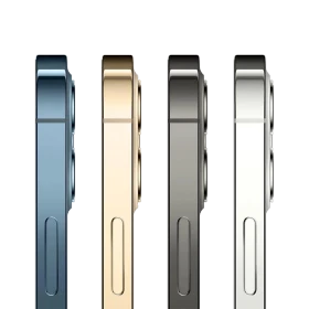 Mavi Apple iPhone 12 Pro akıllı telefonun yan profil görünümü, düz kenarlı tasarım ve kamera çıkıntısı detaylı