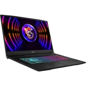 MSI Katana 17 B13VGK-898TR siyah oyuncu laptop, RGB ışıklı klavye ve smokin desenli ekran tasarımı