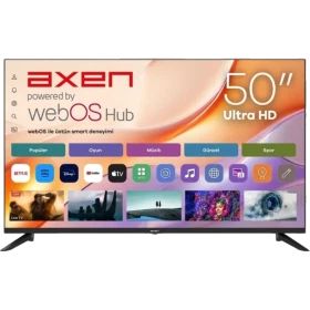 Axen AX50DP4OTL-W2S Ultra HD 4K LED televizyon, webOS Hub menüsü açık şekilde önden görünür.