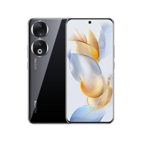 Siyah Honor 90 akıllı telefonun ön ve arka yüzü, canlı ekranı ve çift kamera tasarımı görülüyor
