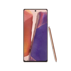 Samsung Galaxy Note 20 bakır akıllı telefon, ön ekran görünümü ve yanında S Pen kalemle birlikte
