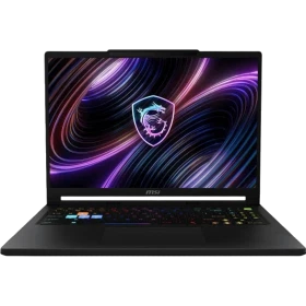 MSI Raider A16 HX B8WH-011TR siyah oyuncu laptop ekranında neon desenli arayüz görünüyor.