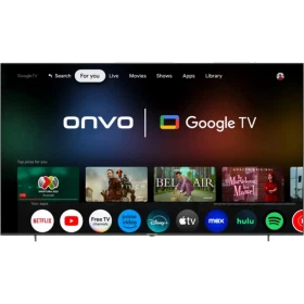 Onvo 100OVF9000UQ Ultra HD 4K LED televizyon, Google TV arayüzü ve uygulama simgeleriyle önden görünüm