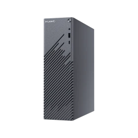 Huawei MateStation S masaüstü bilgisayar, gri renkli kasası ve çizgili ön paneliyle önden görünür.