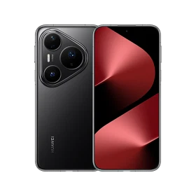 Huawei Pura 80 Pro siyah akıllı telefon, ön ve arka görünüm, üçlü kamera modülüyle vitrin çekimi