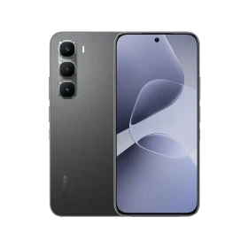 Siyah Infinix Hot 60 Pro akıllı telefon, önden ekran ve arkadan üçlü kamera tasarımıyla vitrin görünümü