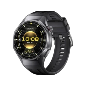 Huawei Watch GT 6 Pro Siyah akıllı saat, yuvarlak ekranı ve siyah silikon kayışıyla önden çapraz görünümde.