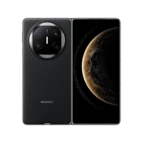 Huawei Mate X6 siyah akıllı telefon, vitrin görünümü; arka kamera modülü ve geniş ekran önden görünür
