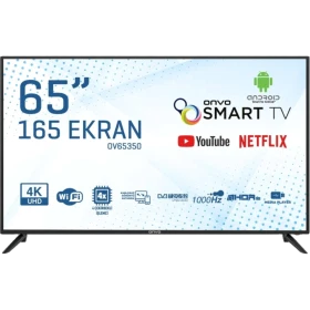 Onvo OV65350 Ultra HD 4K LED televizyon, 65 inç siyah çerçeveli ekran ve ayak tasarımıyla önden görünür.