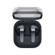 Samsung Galaxy Buds 4 tam kablosuz siyah kulaklık, açık şarj kutusu içinde iki kulaklıkla birlikte