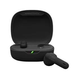 JBL Wave Flex 2 siyah tam kablosuz kulaklık, açık şarj kutusu ve önde duran tek kulaklık
