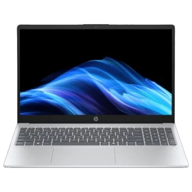 HP OmniBook 3 AI 15-fn0001nt açık gri iş laptopu, mavi dalga ekran ve klavye görünümüyle önden sunum.