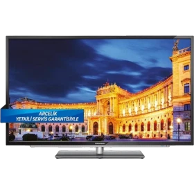 Grundig 50-LB-9436 Full HD LED TV, şehir manzarası görüntüsü ve metalik ayaklı siyah tasarım