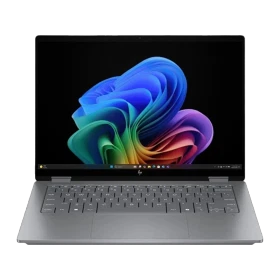 HP OmniBook X Flip AI 14-kb0000nt gri 2’si 1 arada laptop açık kapak ve klavyeli görünüyor