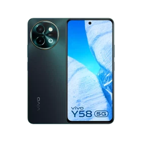Vivo Y58 5G yeşil akıllı telefon, ön ekran ve arka kamera modülüyle vitrinde önden-arkadan görünüm