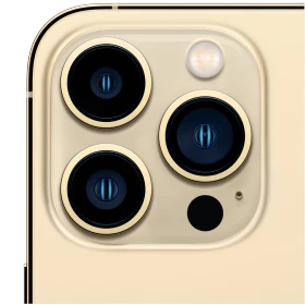 Apple iPhone 13 Pro Max altın renk akıllı telefonun üçlü arka kamera ve flaş detayının yakın planı