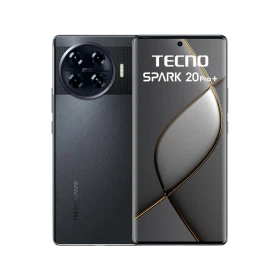 Tecno Spark 20 Pro Plus siyah akıllı telefon, ön ekran ve arka kamera tasarımını gösteren vitrin çekimi