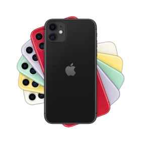 Apple iPhone 11 siyah akıllı telefon, arka yüz ve çift kamera tasarımı; farklı renk seçenekleriyle birlikte