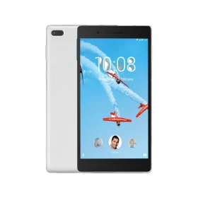 Lenovo TAB 7 Essential beyaz tablet, ön ekranında uçaklı duvar kâğıdı ve saat 10:08 görünüyor