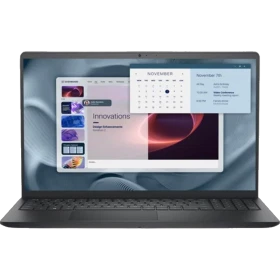 Dell Pro 15 Essential PV15250 siyah iş ve ofis laptopu; açık ekranda takvim ve sunum arayüzü görünüyor.