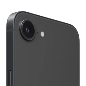 Apple iPhone 16e siyah akıllı telefonun arka yüzü, tek kamera ve flaş detayı yakın plan görüntü