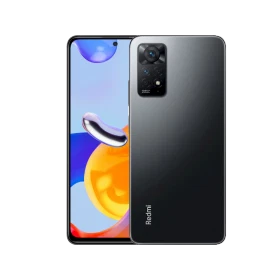 Xiaomi Redmi Note 11 Pro siyah akıllı telefon, ön ekran ve arka kamera modülüyle vitrin görünümü