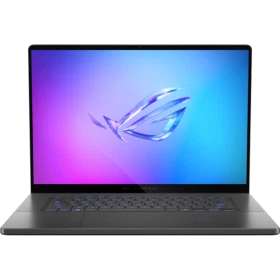 Asus ROG Zephyrus G16 GU605CM-QR063 oyuncu laptopu, koyu gri gövde ve RGB ekran tasarımı önden görünüm.