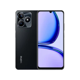 Realme C53 siyah akıllı telefon, önden ekran ve arkadan üçlü kamera modülüyle vitrin görünümü