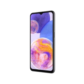 Samsung Galaxy A23 siyah akıllı telefon, önden görünüm, geniş ekran ve ince çerçeve tasarımı