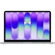 Apple MacBook Neo gümüş laptop, önden açık konumda ana vitrin çekimi ve mor tonlu ekran tasarımı