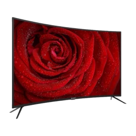 Axen AX55CRE88 Ultra HD 4K LED televizyon, kırmızı gül görüntülü ekranı ve siyah çerçevesiyle önden görünüm