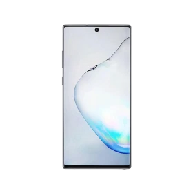 Samsung Galaxy Note 10 Plus siyah akıllı telefon, önden görünüm tam ekran tasarımı ve orta kamera deliği