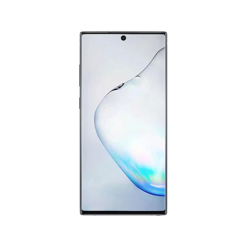 Samsung Galaxy Note 10 Plus siyah akıllı telefon, önden görünüm tam ekran tasarımı ve orta kamera deliği
