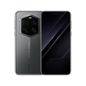 Honor Magic 7 RSR Porshe siyah akıllı telefon, ön ekran ve arka kamera modülü detaylı görünüm