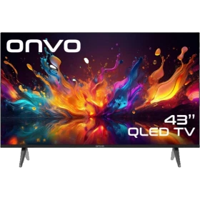 Onvo 43OVF9000FQ 43 inç Full HD LED televizyon, renkli ekranı ve siyah ayaklı tasarımıyla