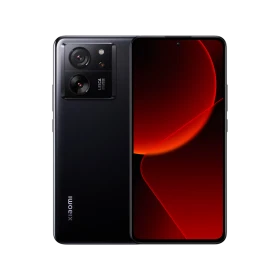 Xiaomi 13T Pro siyah akıllı telefon, ön ekran ve arka kamera modülüyle vitrin görünümü