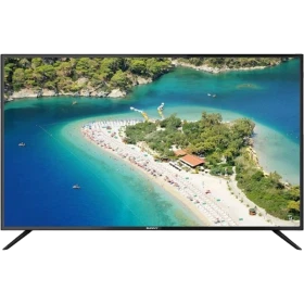 Sunny SN58LEDJ58 Ultra HD 4K TV, turkuaz deniz ve plaj manzarası gösteren siyah ekranlı televizyon