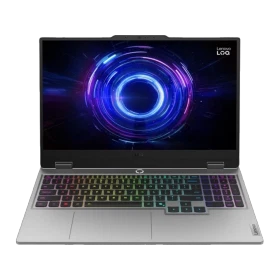 Gri Lenovo LOQ 15IRX10 oyuncu laptop, RGB aydınlatmalı klavye ve geniş ekranıyla önden görünüm