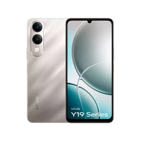 Vivo Y19e titanyum renk akıllı telefonun ön ve arka yüzü, çift arka kamera ve damla çentikli ekran görünümü