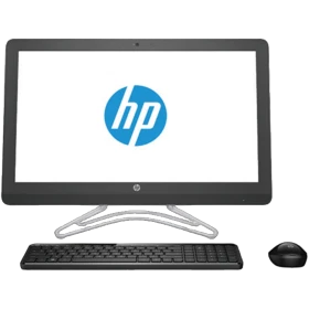 HP 24-e013nt 2WE10EA masaüstü bilgisayar, siyah ekran, klavye ve fare setiyle birlikte görünür