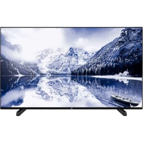 SEG 50SUA740 Ultra HD 4K LED televizyon, karlı dağ ve göl manzarasını gösteren siyah ekranıyla.