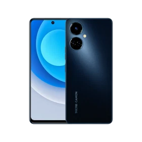 Tecno Camon 19 siyah akıllı telefon, vitrin çekiminde ön ekran ve çift kamera tasarımlı arka yüz görünümü