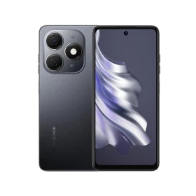 Tecno Spark 20 siyah akıllı telefonun ön ve arka yüzü, üçlü kamera modülü ve ekran görünümü
