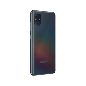 Samsung Galaxy A51 siyah akıllı telefonun arka yüzü, dörtlü kamera modülü ve parlak tasarım detayları