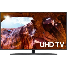 Samsung 43RU7400 Ultra HD 4K LED televizyon; doğal renklerle dağ manzaralı ekran görüntüsü.