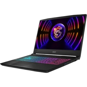 MSI Katana 15 B13VGK-1610TR siyah oyuncu laptop, RGB aydınlatmalı klavye ve ejderha ekran tasarımı.