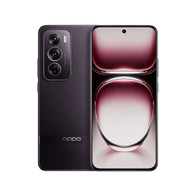 Oppo Reno 12 Pro siyah akıllı telefon, önden ekran ve arkadan üçlü kamera tasarımıyla vitrin görünümü