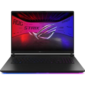 Asus ROG Strix Scar 18 G835LX-SA155 siyah oyuncu laptop ekranında RGB oyun görselleri ile vitrin görünümü