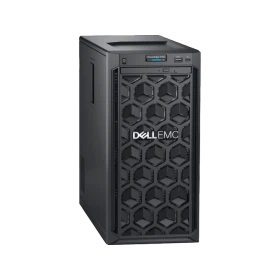Dell PowerEdge T140 masaüstü bilgisayar, siyah kasa ve petek desenli ön paneliyle önden görünür
