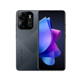 Tecno Spark GO 2023 siyah akıllı telefon, ön ekran ve arka kamera modülü görünümüyle vitrin çekimi